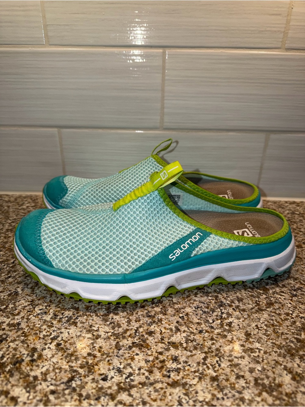 Salomon Mesh Slip-On Clog in Teal and Lime Green